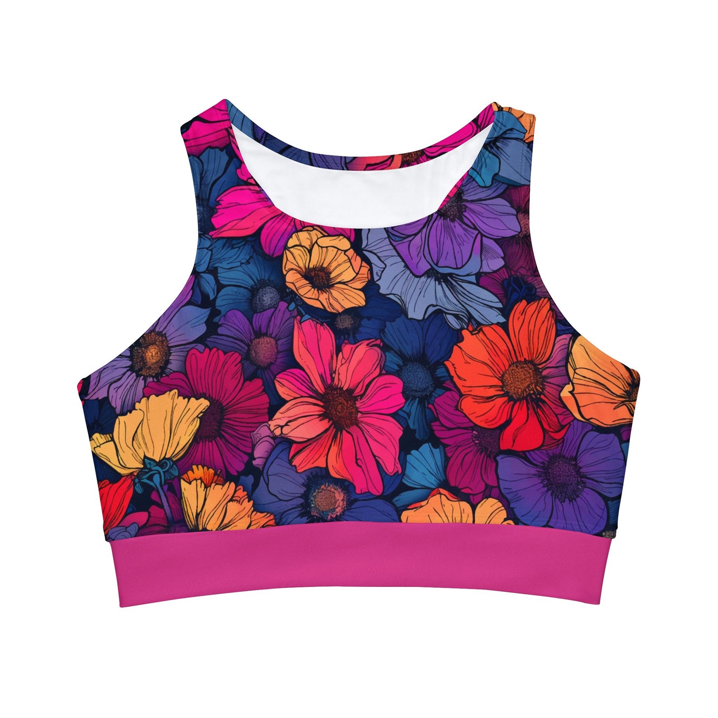 Tropical Flowers / High Neck Crop Bikini Top (Pink) (AOP)