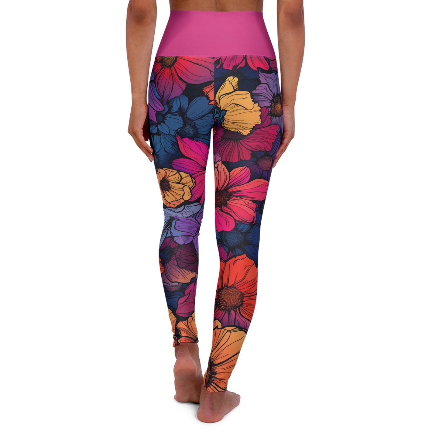 Tropical flowers High Waisted Yoga Leggings (Magenta Waist) (AOP)