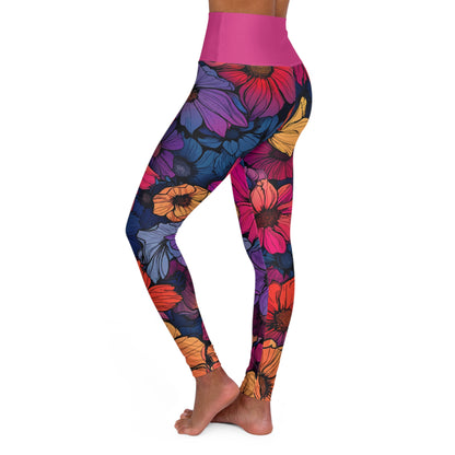 Tropical flowers High Waisted Yoga Leggings (Magenta Waist) (AOP)