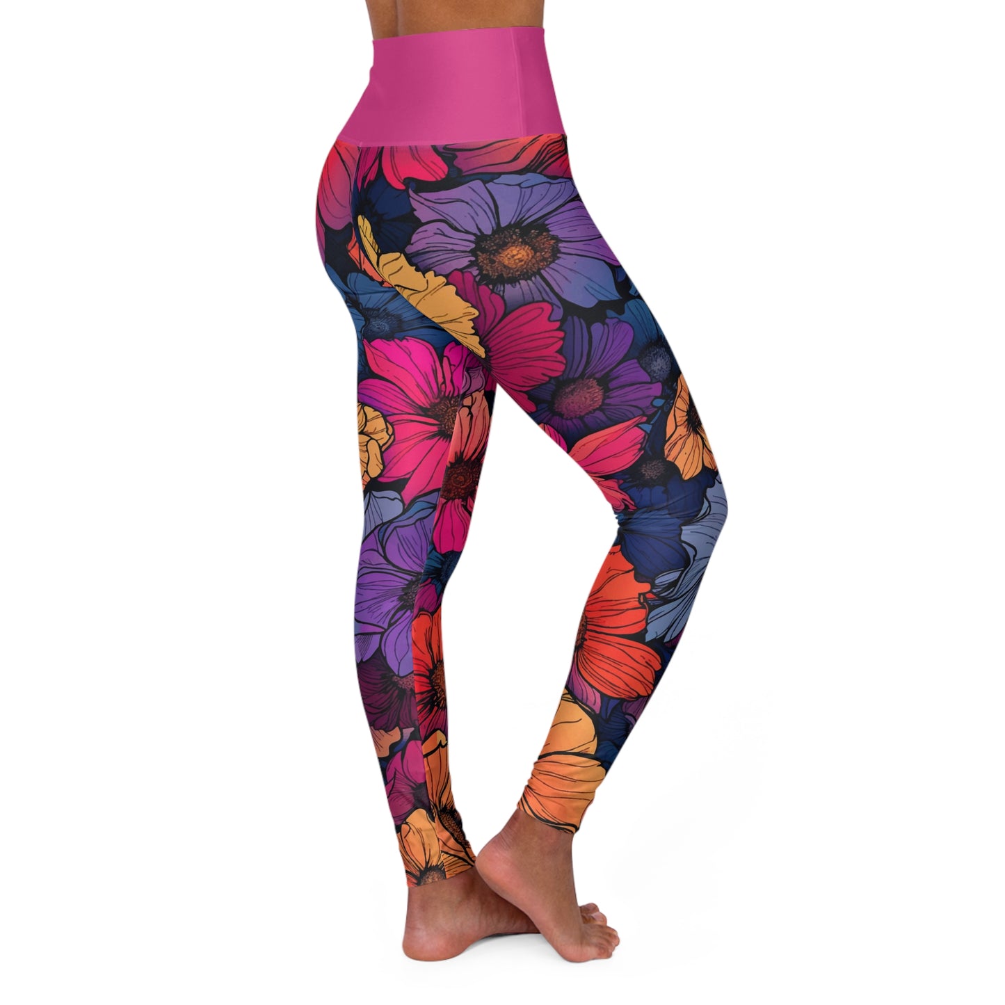 Tropical flowers High Waisted Yoga Leggings (Magenta Waist) (AOP)
