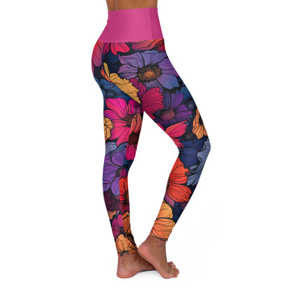 Tropical flowers High Waisted Yoga Leggings (Magenta Waist) (AOP)