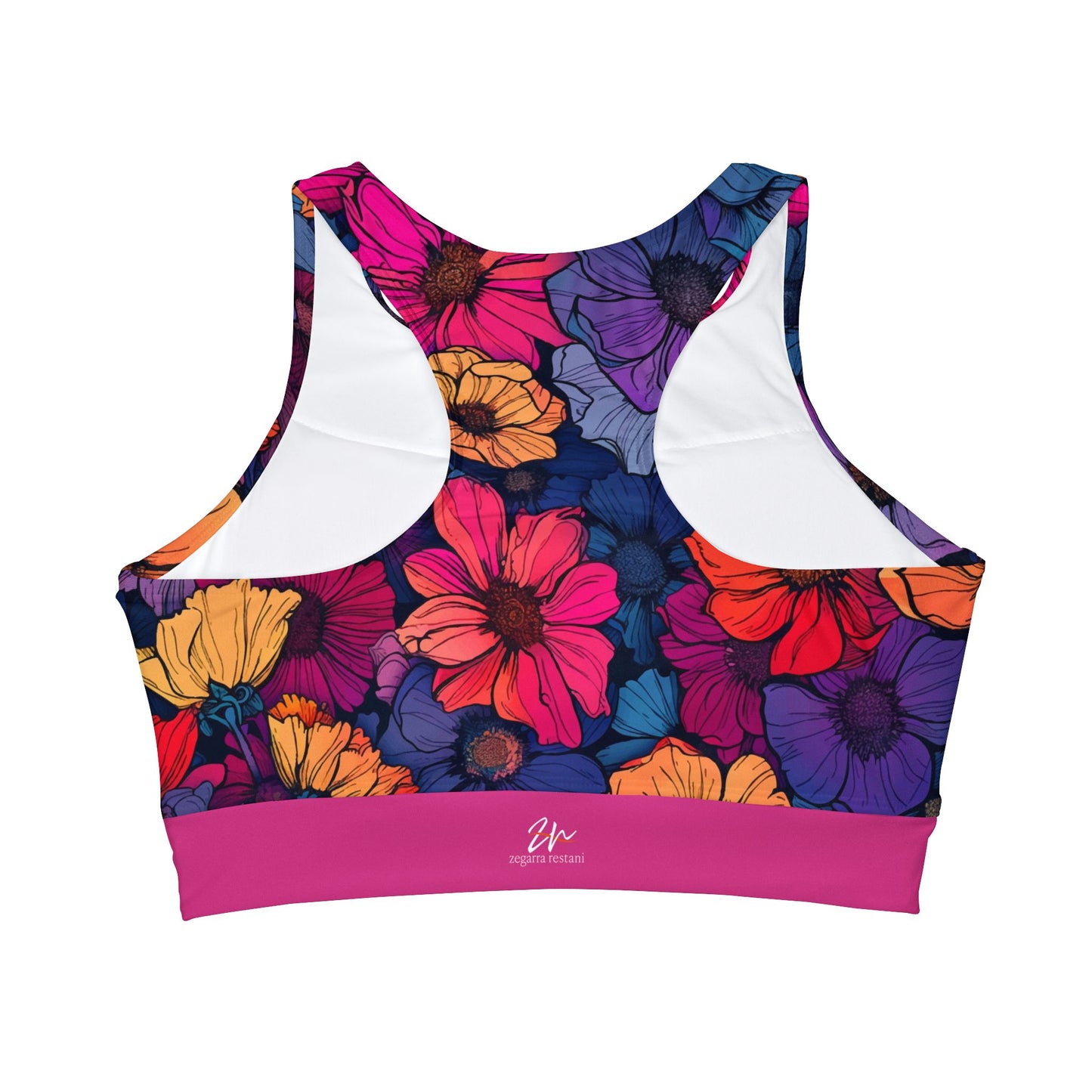 Tropical Flowers / High Neck Crop Bikini Top (Pink) (AOP)