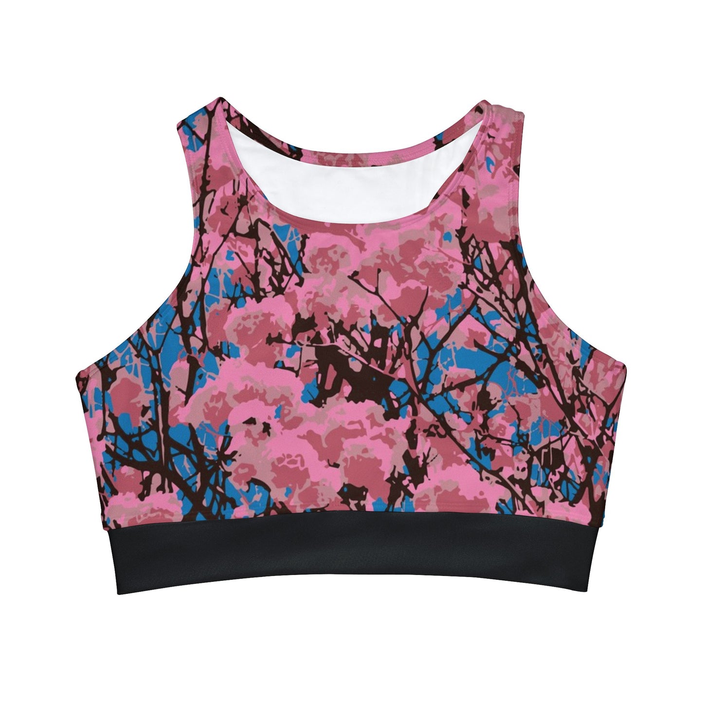 Roble de Sabana/ High Neck Crop Bikini Top (Black)  (AOP)