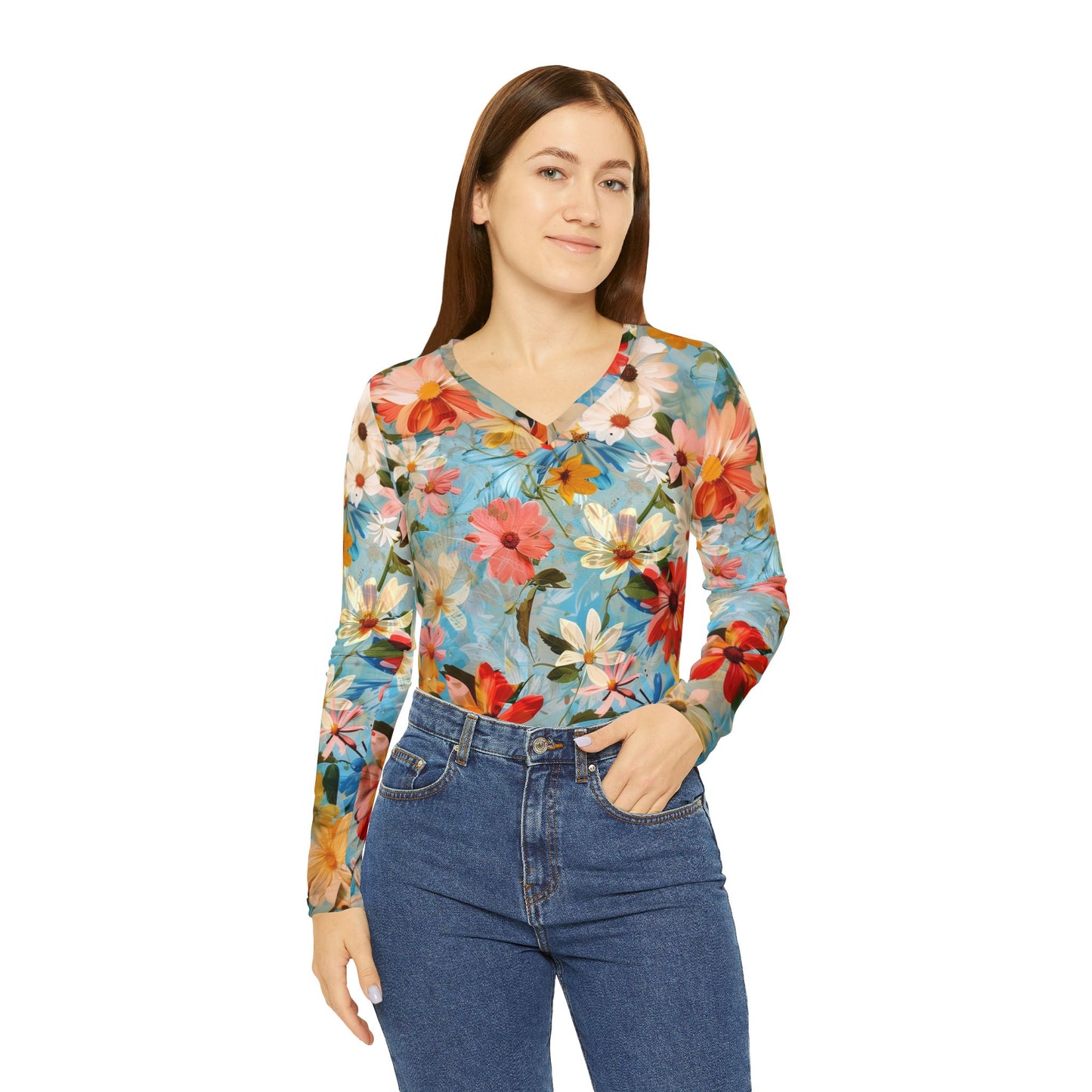 Vintage Flowers Long Sleeve V-neck Shirt