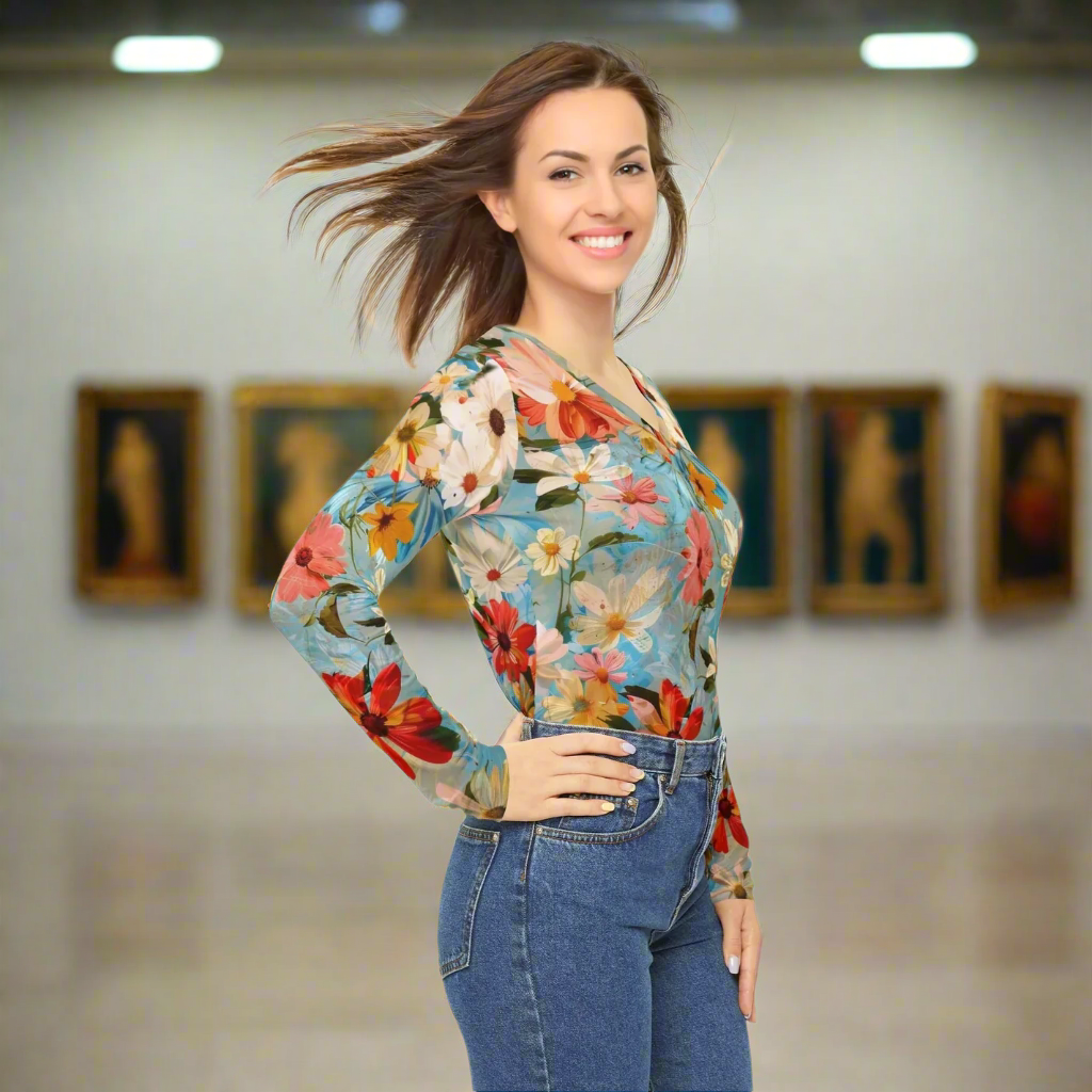 Vintage Flowers Long Sleeve V-neck Shirt